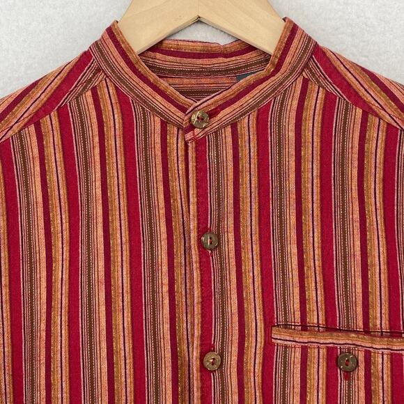 LIZWEAR Shirt S Striped Mandarin Collar Button Up Long Sleeve Red Gold Vtg - Picture 3 of 11
